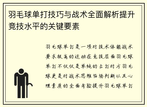 羽毛球单打技巧与战术全面解析提升竞技水平的关键要素