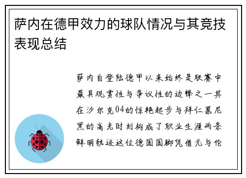 萨内在德甲效力的球队情况与其竞技表现总结